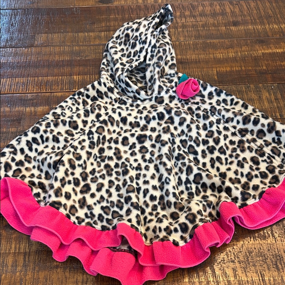 Leopard Print Kids Hooded Poncho with Pink Trim